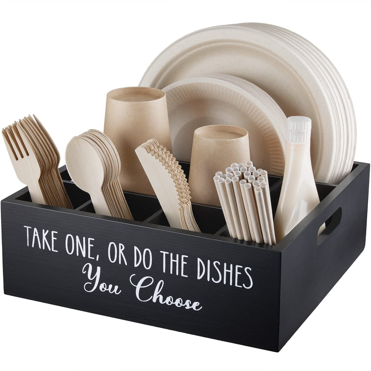 ALELION Acacia Wood Utensil Holder for Party - Paper Plate Organizer for Countertop - Silverware Caddy with 6 Compartments for Plate, Cup, Fork, Spoon - Cutlery Holder for Kitchen Camping Buffet