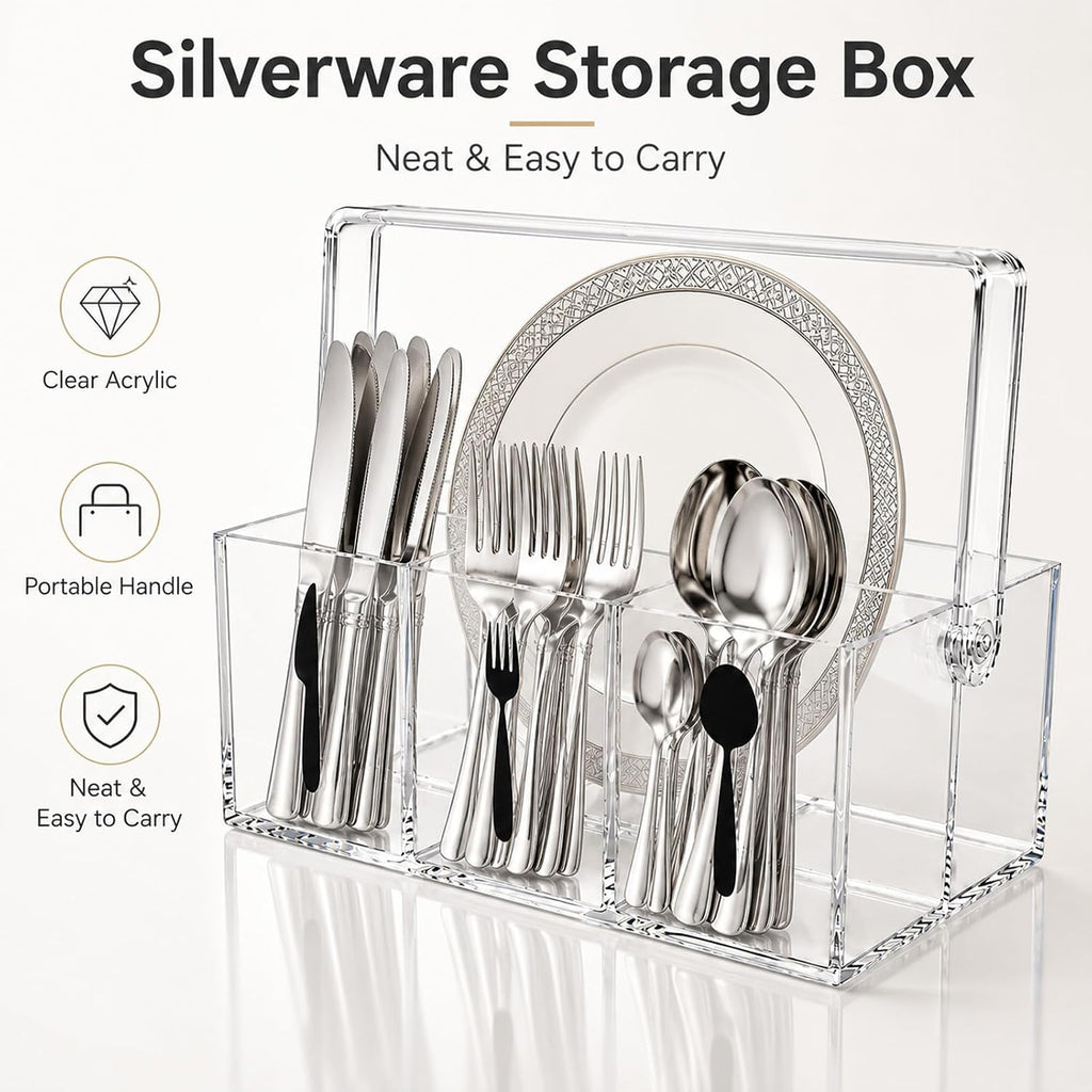 Acrylic Utensil Caddy & Silverware Holder, Adjustable Handle, 4-Compartment