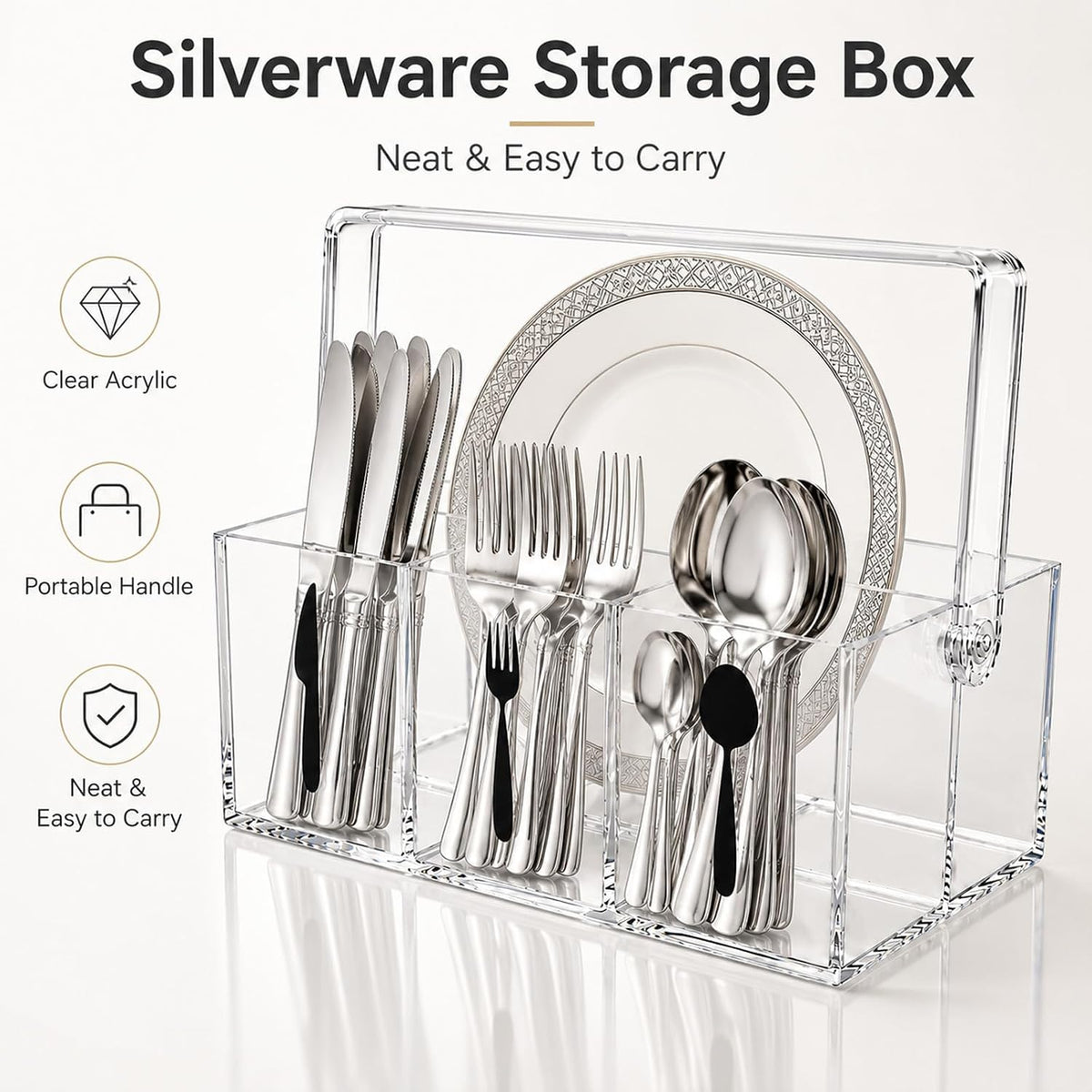 Acrylic Utensil Caddy & Silverware Holder, Adjustable Handle, 4-Compartment