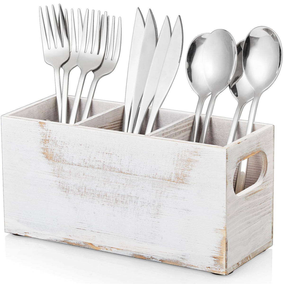 DRASTAR Silverware Holder, Acacia Wooden Utensil Caddy, Silverware Organizer Countertop, Cutlery Holder for Party, Fork Spoon Knife Organizer