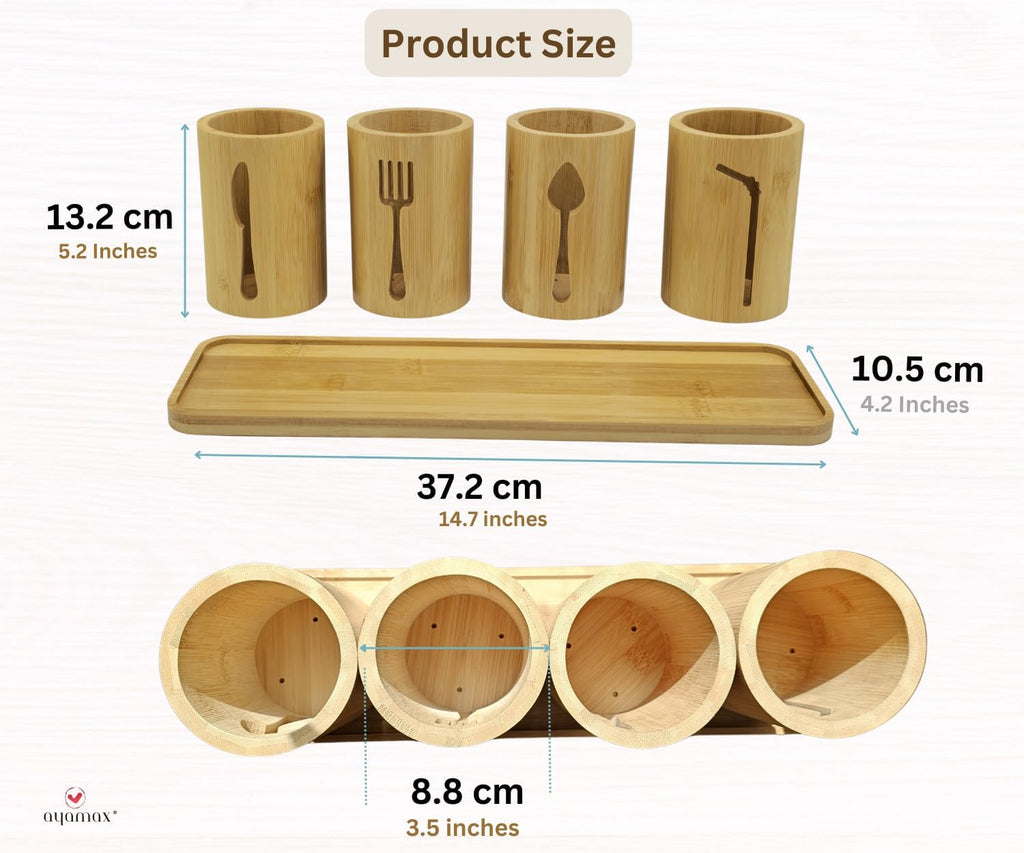 Bamboo Cutlery Holder Set - 4 kitchen Utensils Holder with Bamboo Tray | Decorative kitchen countertop Cutlery Stand | Utensil holder - knife, fork Spoon and Straw holders