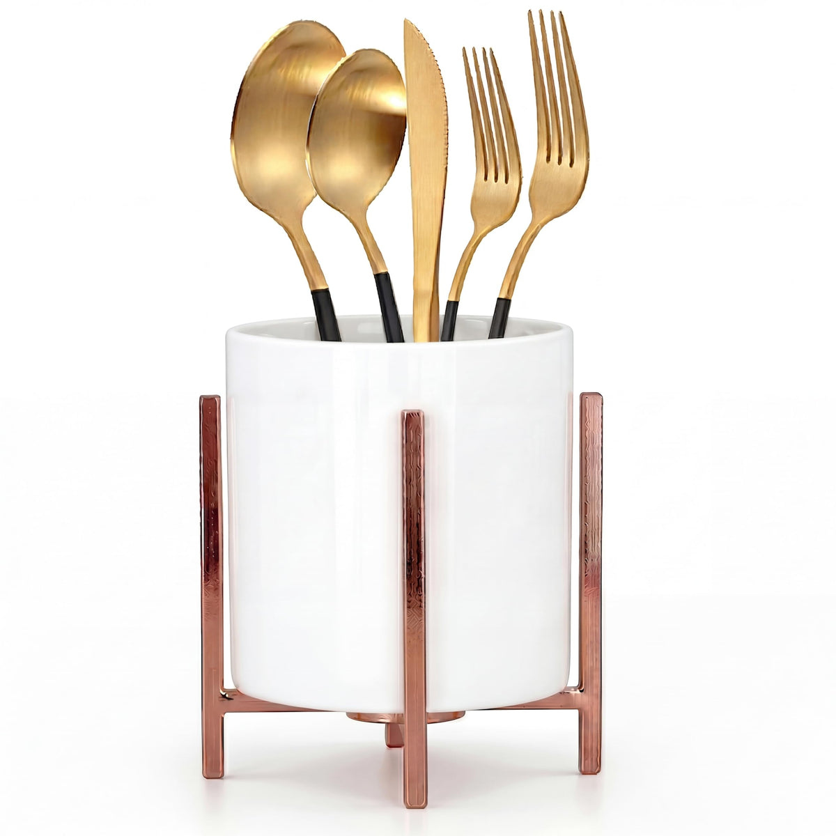 Farmhouse Flatware Holder for Dinner Table, Kitchen Holder for Serving Utensils, Decorative Cutlery Utensil Holder for Kitchen or Parties, Cup with Silver Trim, 1 Pcs