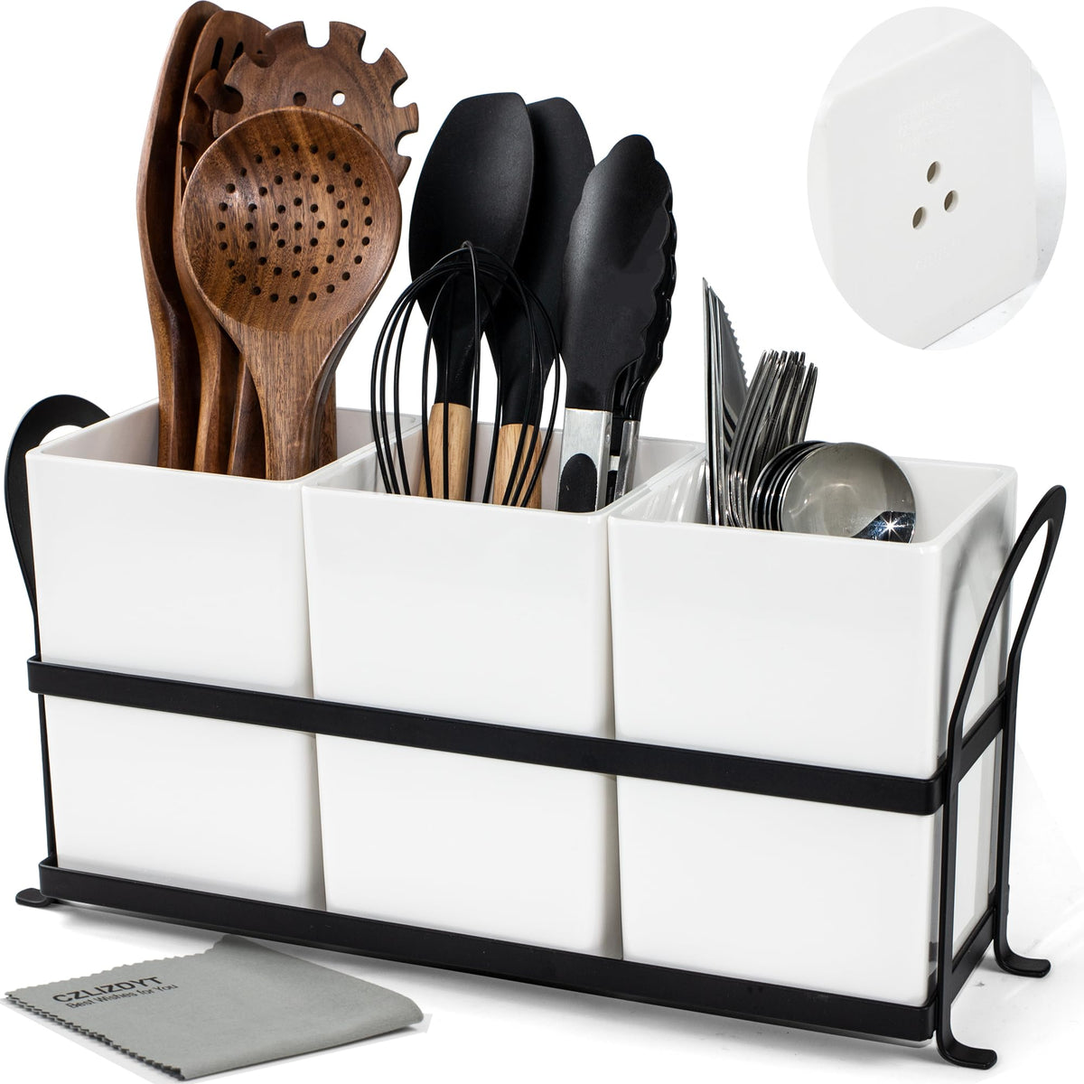 Czlizdyt Cutlery Holder with Drain Holes, Silverware Caddy for Party Countertop, 3pcs Bins Set Utensil Holders for Spoon and Fork, White