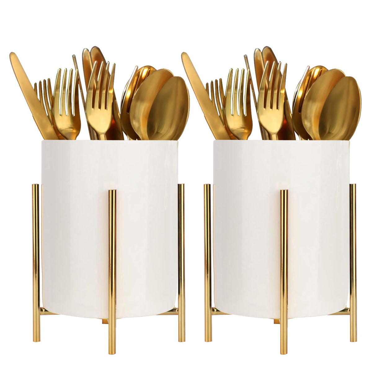 2pcs Sturdy Cutlery Holder White Ceramic With Metal Bracket Robust Silverware Caddy For Countertop - Spoon Holder Silverware Caddy