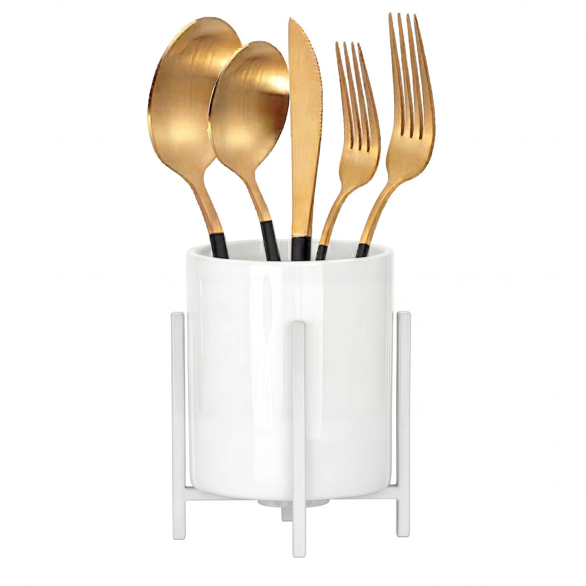 Farmhouse Flatware Holder for Dinner Table, Kitchen Holder for Serving Utensils, Decorative Cutlery Utensil Holder for Kitchen or Parties, Cup with Silver Trim, 1 Pcs
