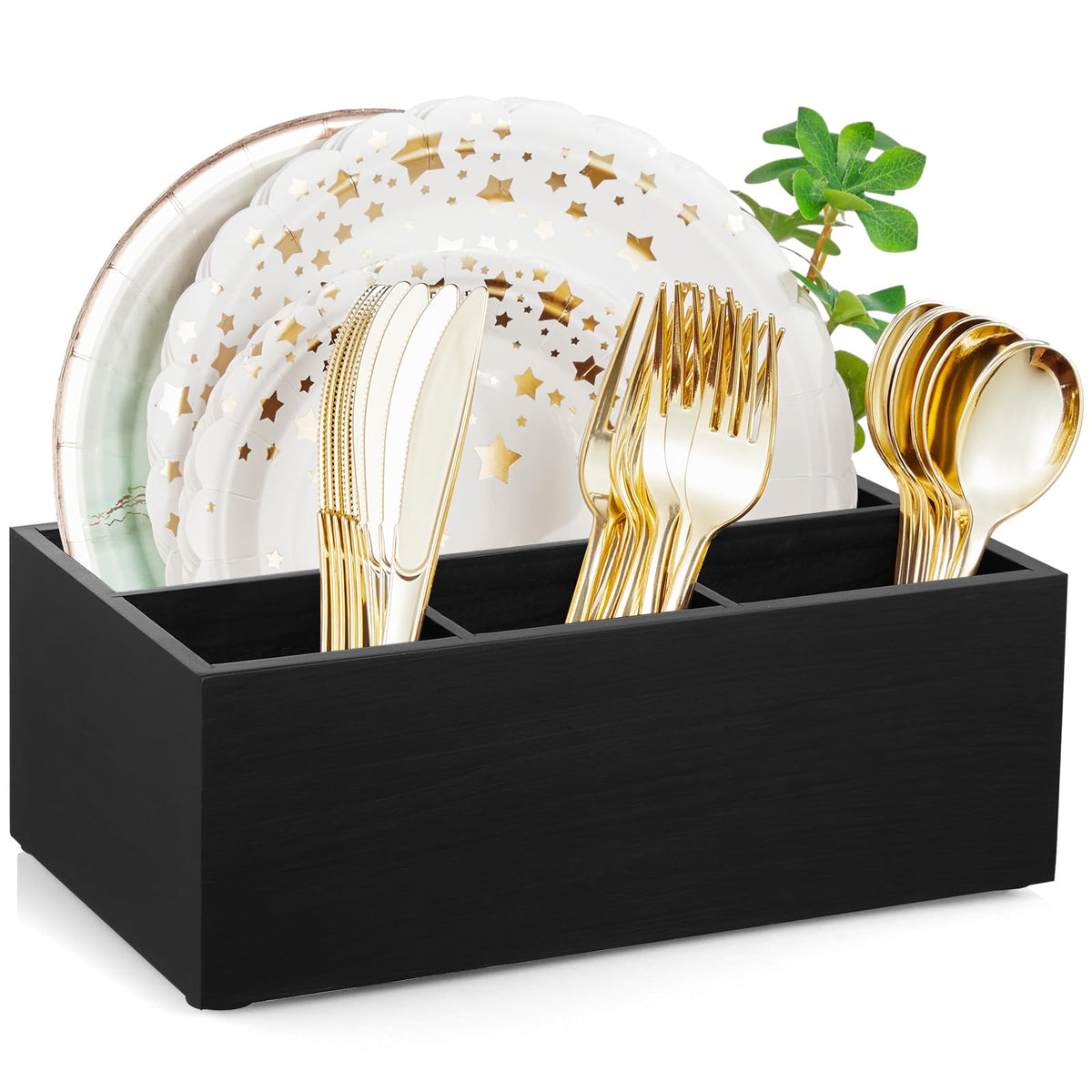 DRASTAR Silverware Caddy, Wooden Utensil Holder, Picnic Cutlery Holder, Black Silverware Holder, Plastic Silverware Caddy for Party, Countertop, Camping