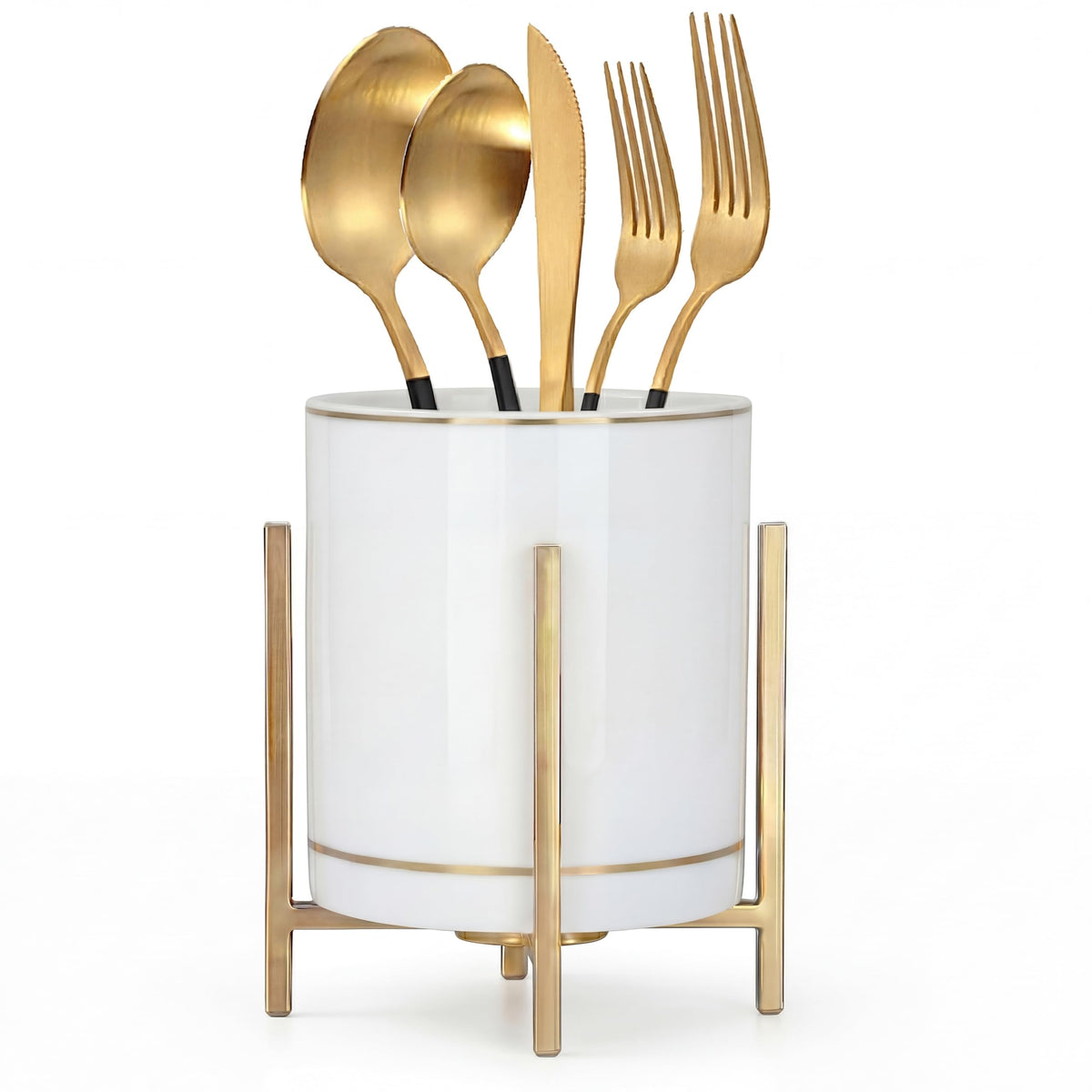 Farmhouse Flatware Holder for Dinner Table, Kitchen Holder for Serving Utensils, Decorative Cutlery Utensil Holder for Kitchen or Parties, Cup with Silver Trim, 1 Pcs