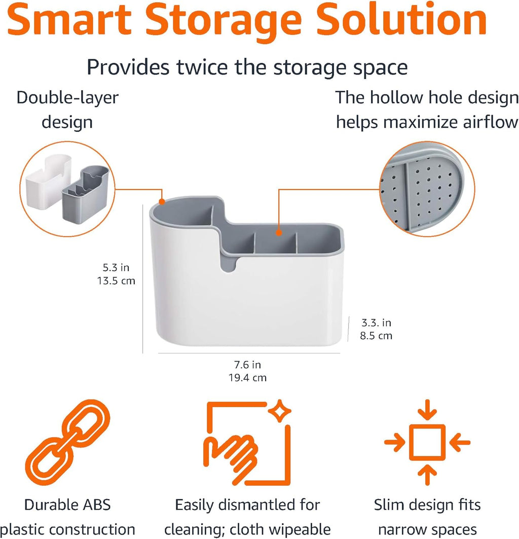 Amazon Basics Countertop & Wall Organization for Utensils, Space-Saving, Divided Compartments, White & Grey