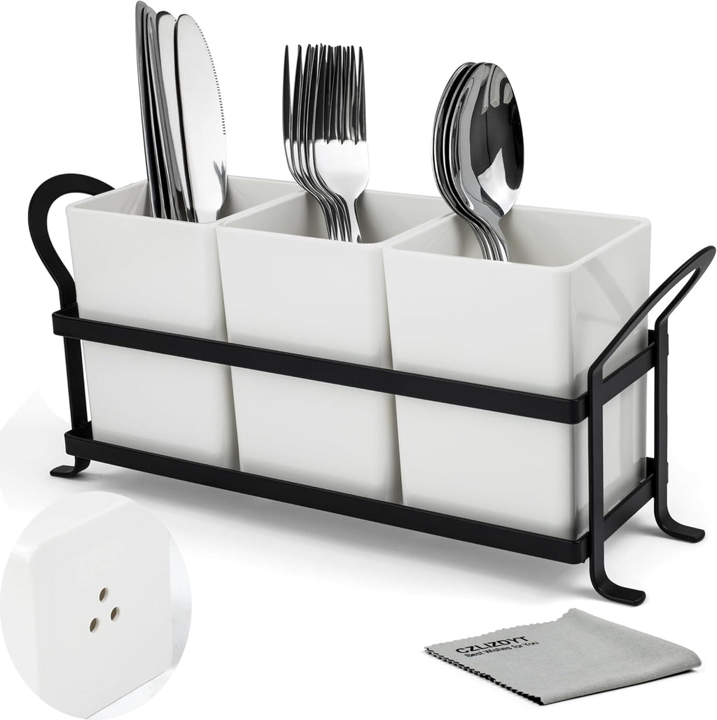 Czlizdyt Cutlery Holder with Drain Holes, Silverware Caddy for Party Countertop, 3pcs Bins Set Utensil Holders for Spoon and Fork, White