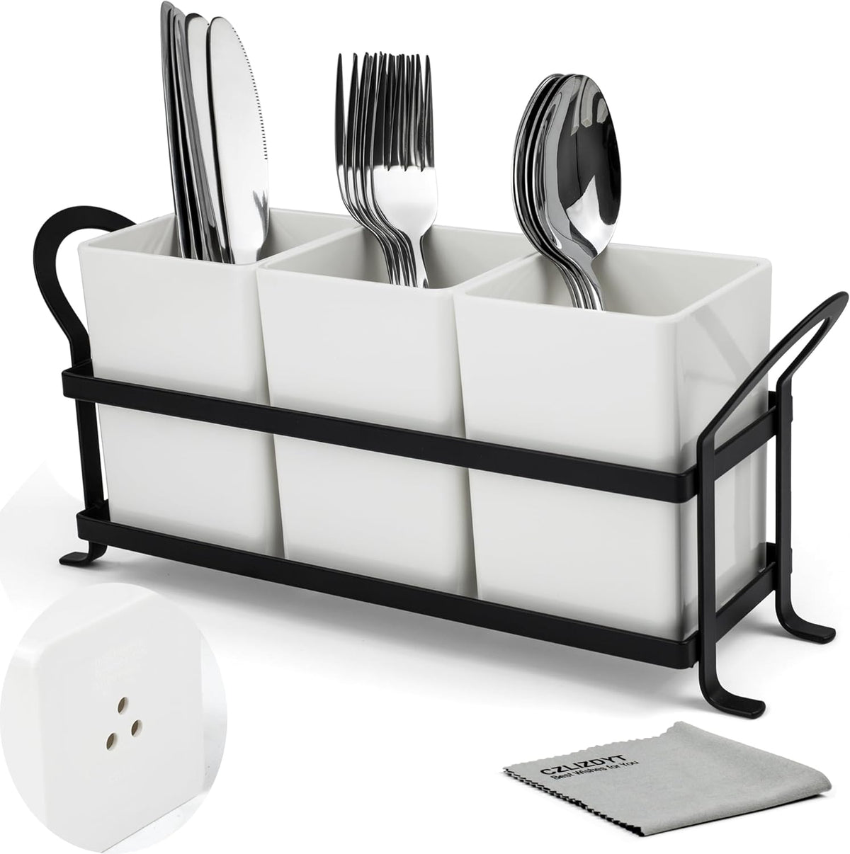 Czlizdyt Cutlery Holder with Drain Holes, Silverware Caddy for Party Countertop, 3pcs Bins Set Utensil Holders for Spoon and Fork, White