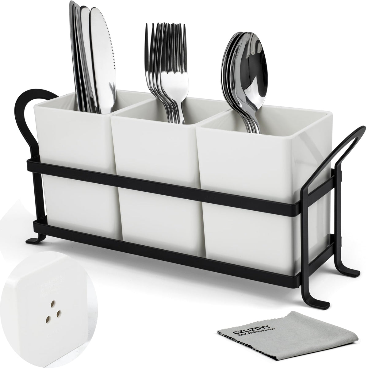 Czlizdyt Cutlery Holder with Drain Holes, Silverware Caddy for Party Countertop, 3pcs Bins Set Utensil Holders for Spoon and Fork, White