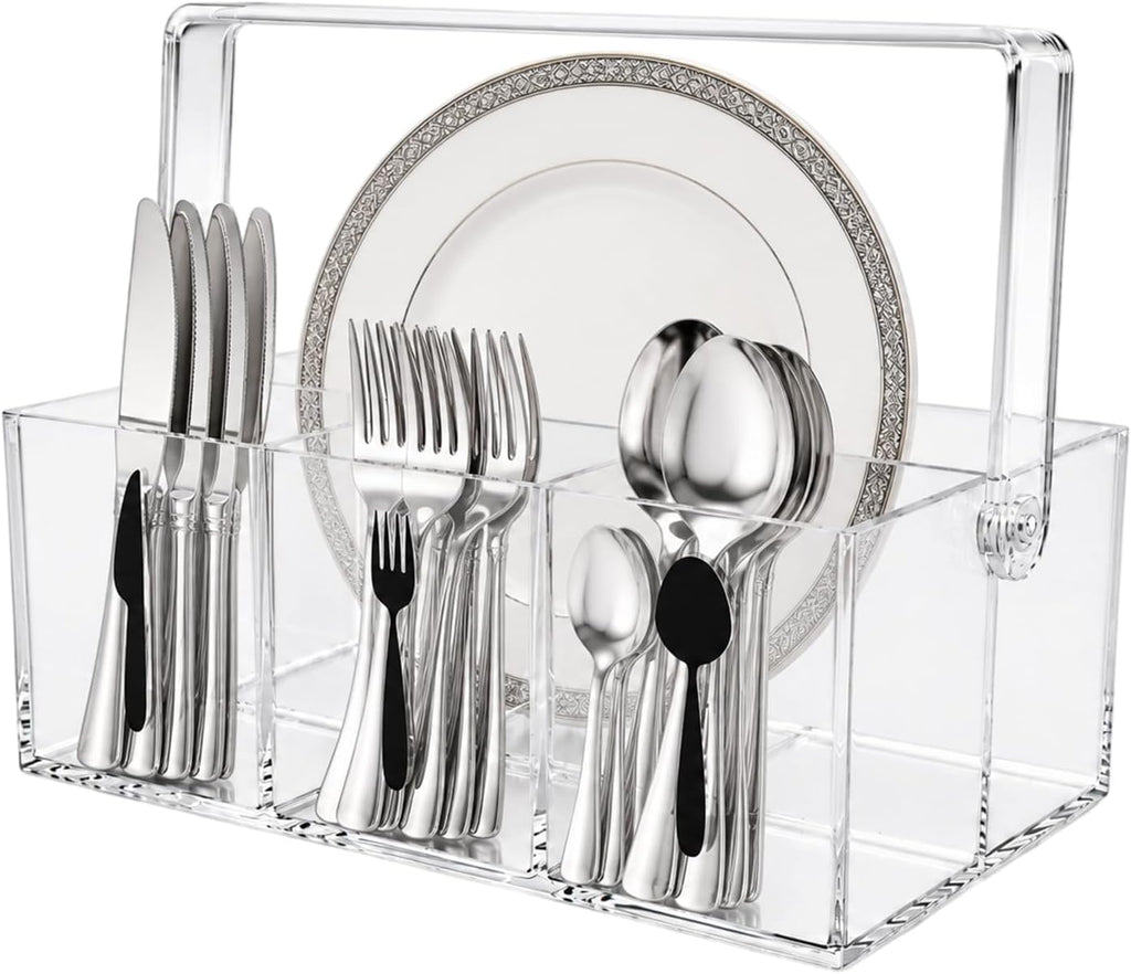 Acrylic Utensil Caddy & Silverware Holder, Adjustable Handle, 4-Compartment