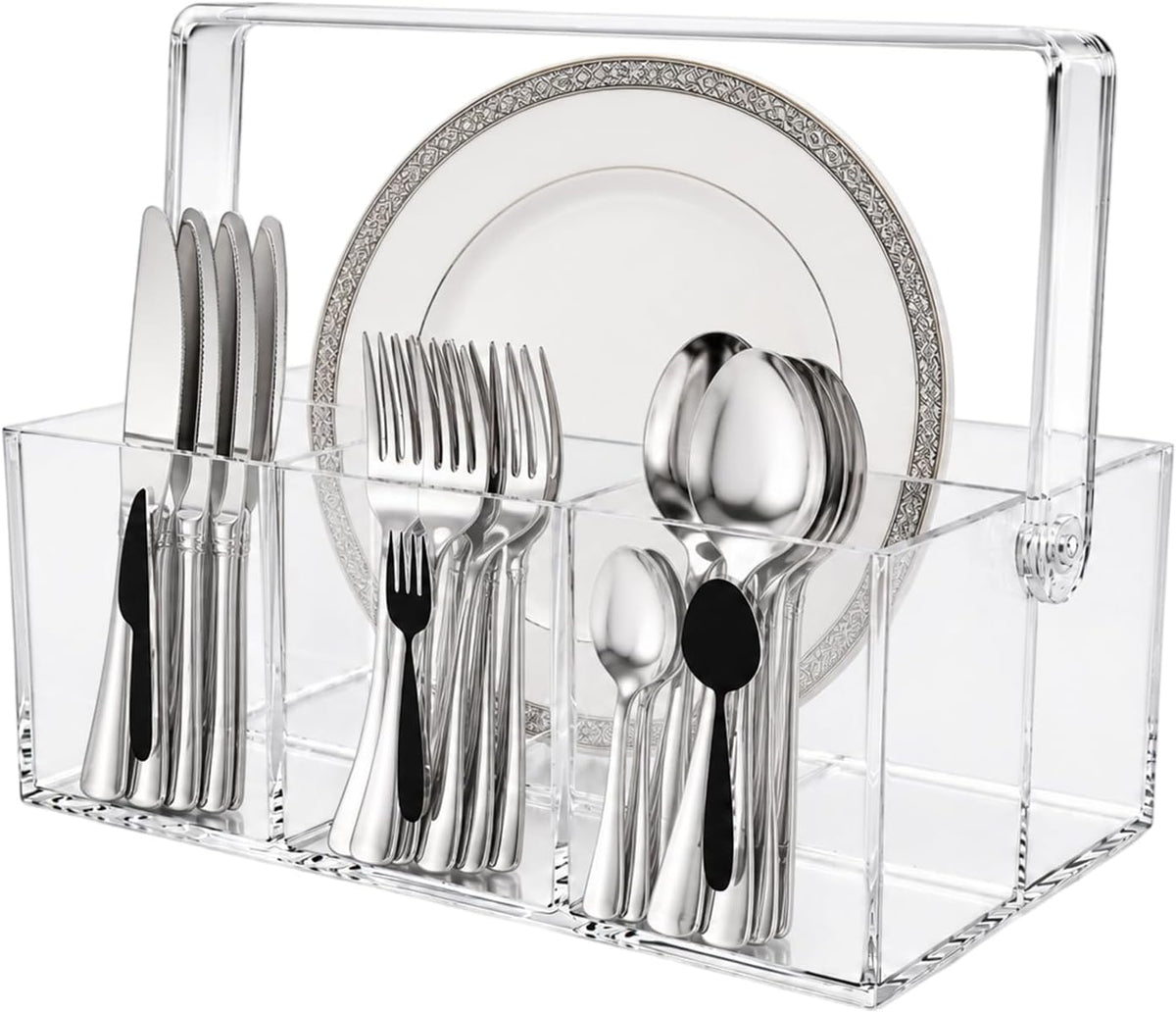 Acrylic Utensil Caddy & Silverware Holder, Adjustable Handle, 4-Compartment