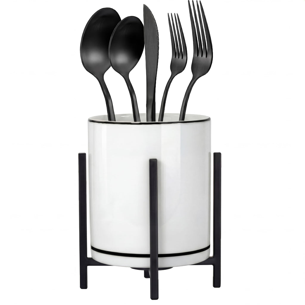 Farmhouse Flatware Holder for Dinner Table, Kitchen Holder for Serving Utensils, Decorative Cutlery Utensil Holder for Kitchen or Parties, Cup with Silver Trim, 1 Pcs