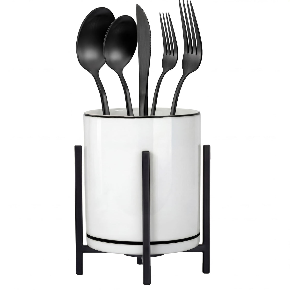 Farmhouse Flatware Holder for Dinner Table, Kitchen Holder for Serving Utensils, Decorative Cutlery Utensil Holder for Kitchen or Parties, Cup with Silver Trim, 1 Pcs