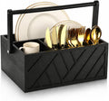 13 Inch Rustic Silverware Caddy with Wooden Handle, Black