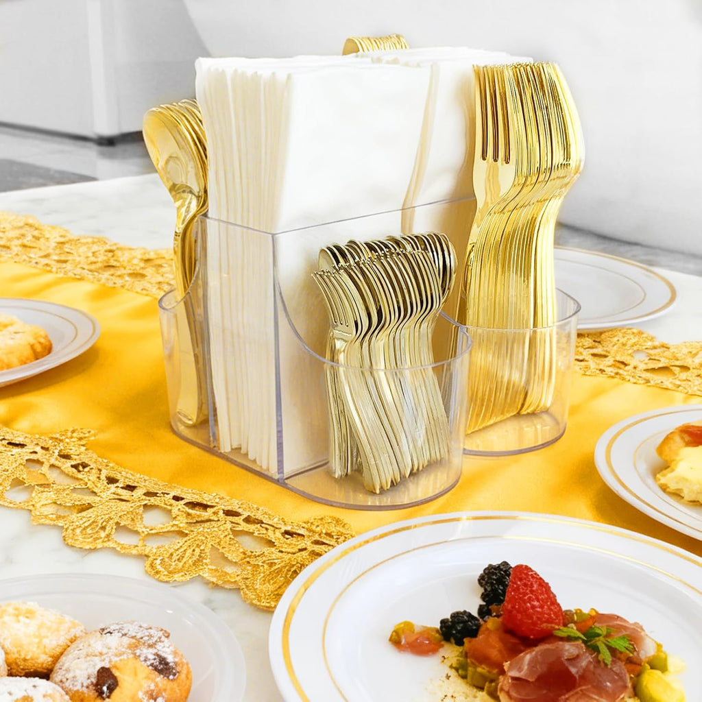Cutlery Holder for Party - 5 Compartment Cutlery Organizer & Napkin Holder Silverware Caddy Clear with 120 Pcs Gold Plastic Spoons Disposable Forks Knives & Dinner Napkins for Party