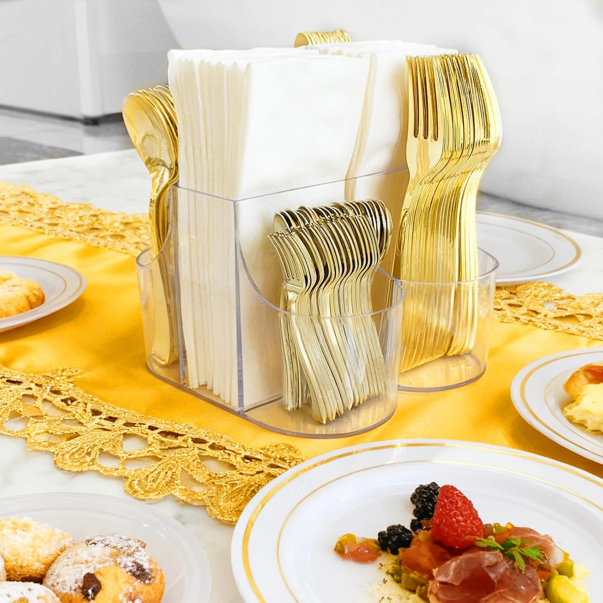 Cutlery Holder for Party - 5 Compartment Cutlery Organizer & Napkin Holder Silverware Caddy Clear with 120 Pcs Gold Plastic Spoons Disposable Forks Knives & Dinner Napkins for Party