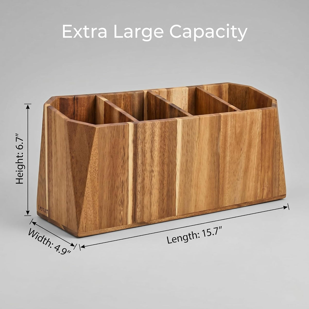Extra Large Kitchen Utensil Holder for Countertop – Acacia Wood Utensil Holder with 4 Compartments, Beveled Edges, Non-Slip Pads & Drain Hole – Rustic Farmhouse Kitchen Countertop Storage Caddy