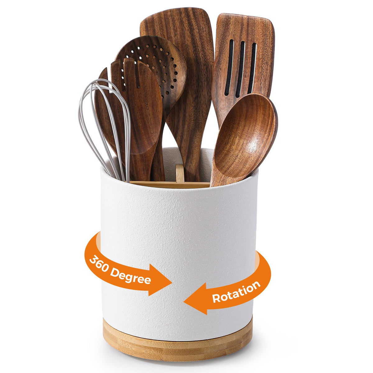 LoeJan 6.7" Utensil Holder, Ceramic Kitchen Utensil Holder with Cork Bottom, Large Utensil Crock for Countertop, Vintage Cooking Tool Organizer Set for Kitchen Counter Decor(White)