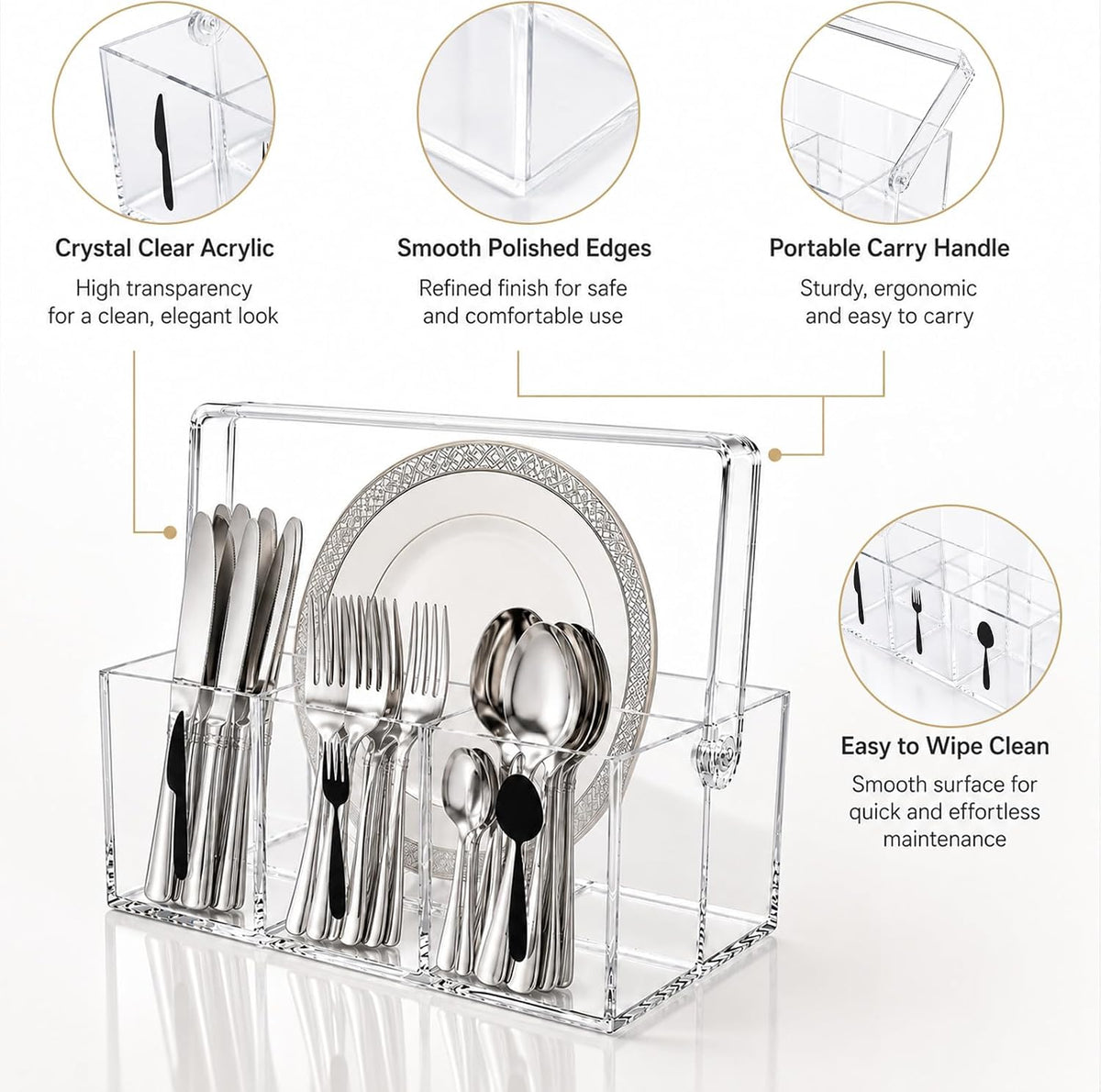 Acrylic Utensil Caddy & Silverware Holder, Adjustable Handle, 4-Compartment