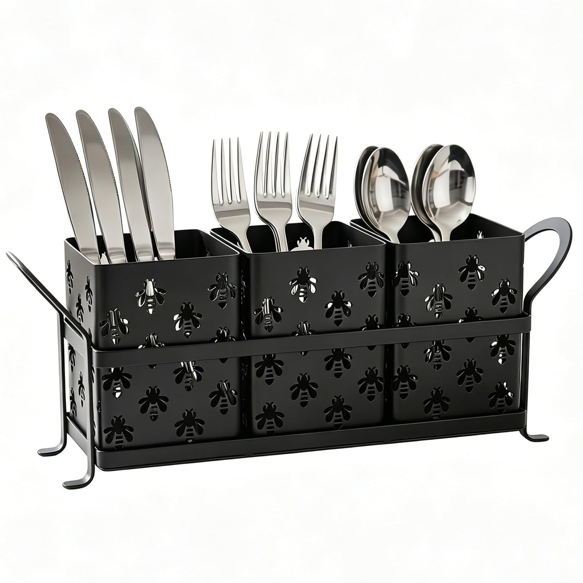 Silverware Caddy with Bee Design, 3 Compartment Metal Utensil Holder with Handles,Silverware Holder for Party Countertop, Kitchen, Outdoor, Cutlery Holder Organizer for Spoon Fork,Gold