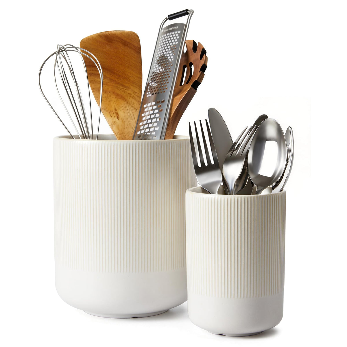 Pokini Kitchen Utensil Holder Countertop, 7.3"+5.3" Ceramic Utensils Crock