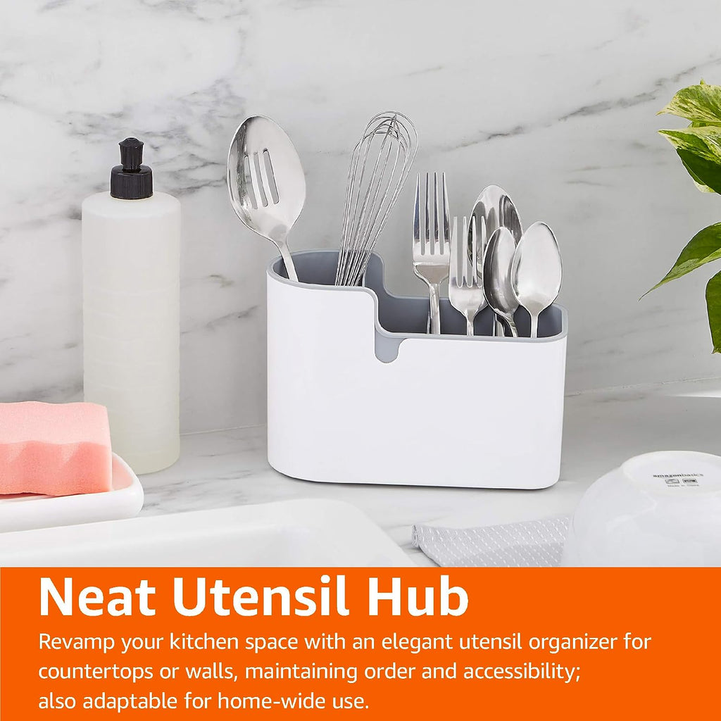 Amazon Basics Countertop & Wall Organization for Utensils, Space-Saving, Divided Compartments, White & Grey
