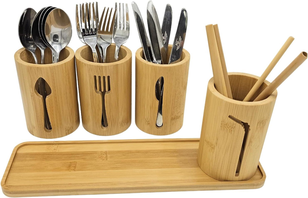 Bamboo Cutlery Holder Set - 4 kitchen Utensils Holder with Bamboo Tray | Decorative kitchen countertop Cutlery Stand | Utensil holder - knife, fork Spoon and Straw holders