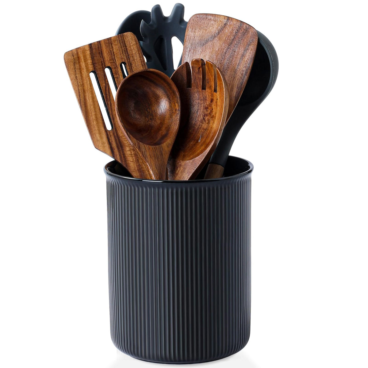 LoeJan 6.7" Utensil Holder, Ceramic Kitchen Utensil Holder with Cork Bottom, Large Utensil Crock for Countertop, Vintage Cooking Tool Organizer Set for Kitchen Counter Decor(White)