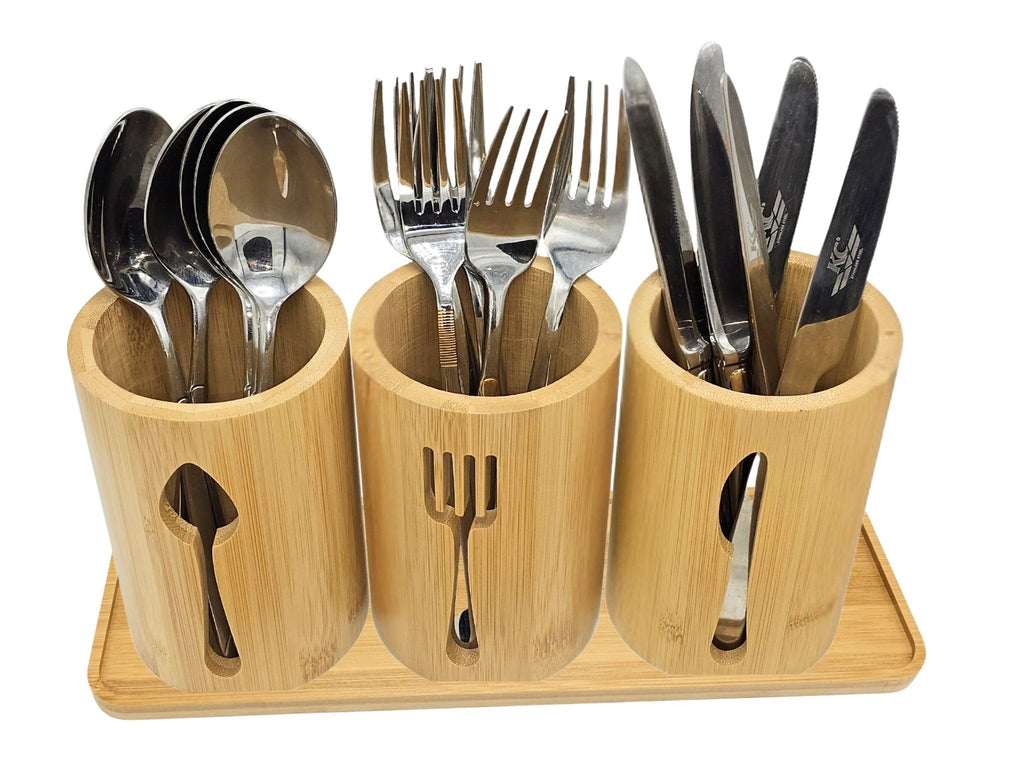 Bamboo Cutlery Holder Set - 4 kitchen Utensils Holder with Bamboo Tray | Decorative kitchen countertop Cutlery Stand | Utensil holder - knife, fork Spoon and Straw holders