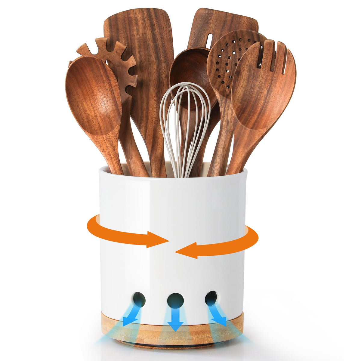 LoeJan 6.7" Utensil Holder, Ceramic Kitchen Utensil Holder with Cork Bottom, Large Utensil Crock for Countertop, Vintage Cooking Tool Organizer Set for Kitchen Counter Decor(White)