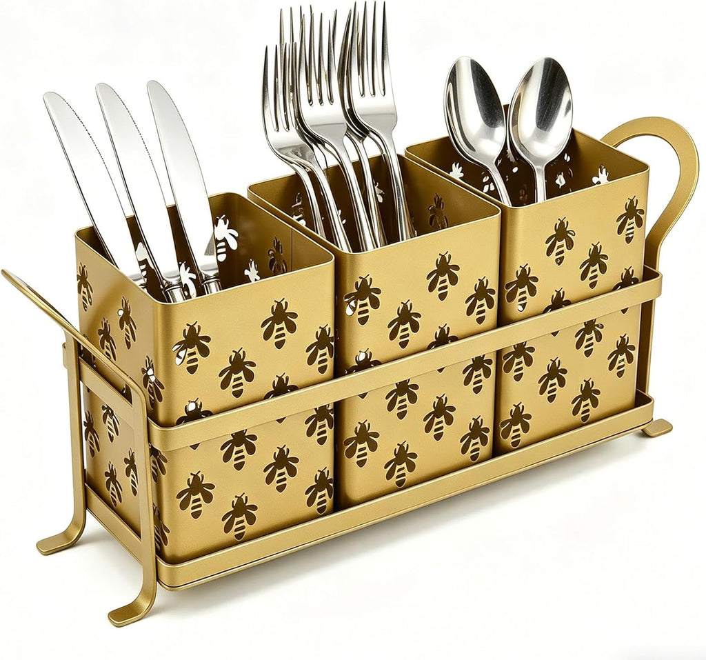 Silverware Caddy with Bee Design, 3 Compartment Metal Utensil Holder with Handles,Silverware Holder for Party Countertop, Kitchen, Outdoor, Cutlery Holder Organizer for Spoon Fork,Gold