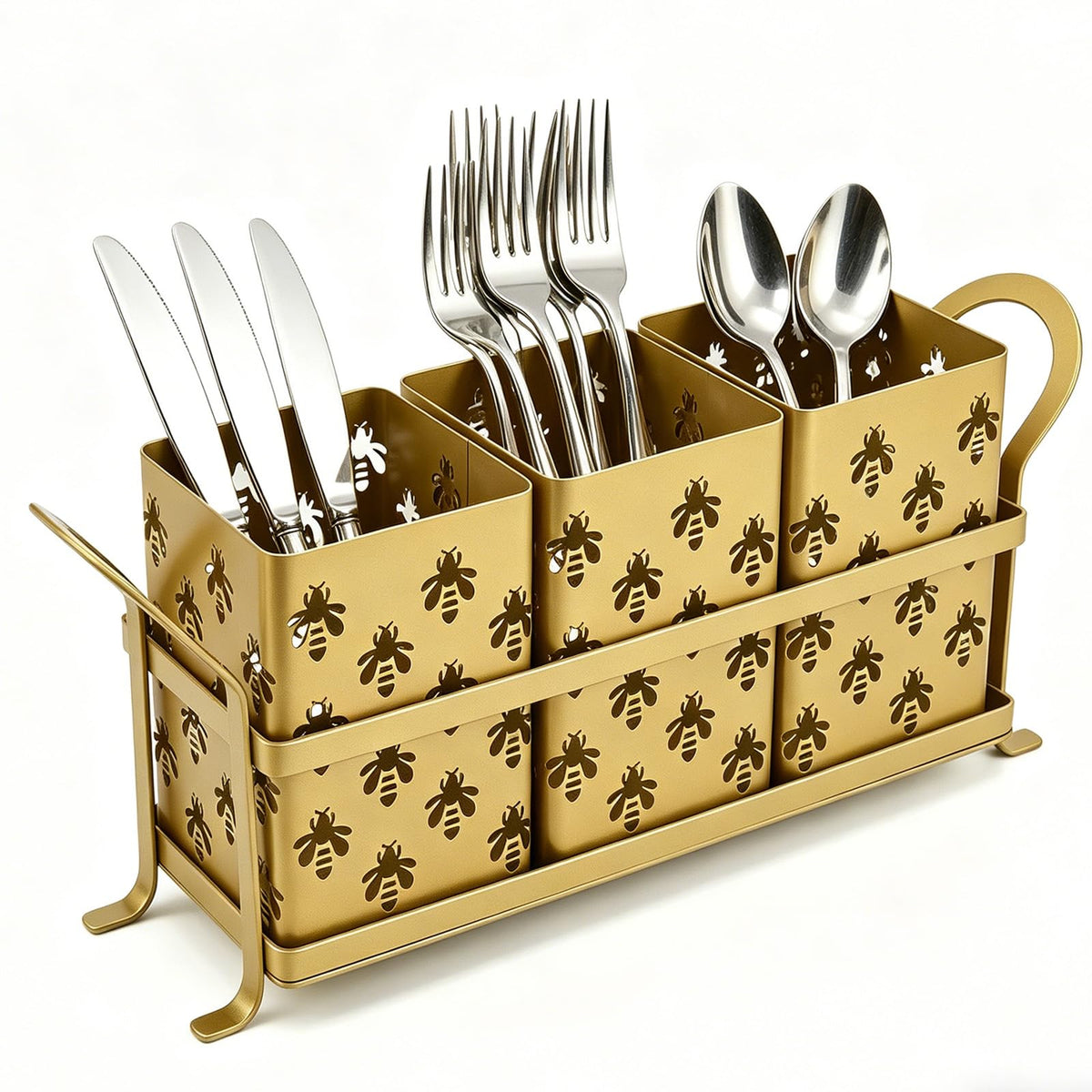 Silverware Caddy with Bee Design, 3 Compartment Metal Utensil Holder with Handles,Silverware Holder for Party Countertop, Kitchen, Outdoor, Cutlery Holder Organizer for Spoon Fork,Gold