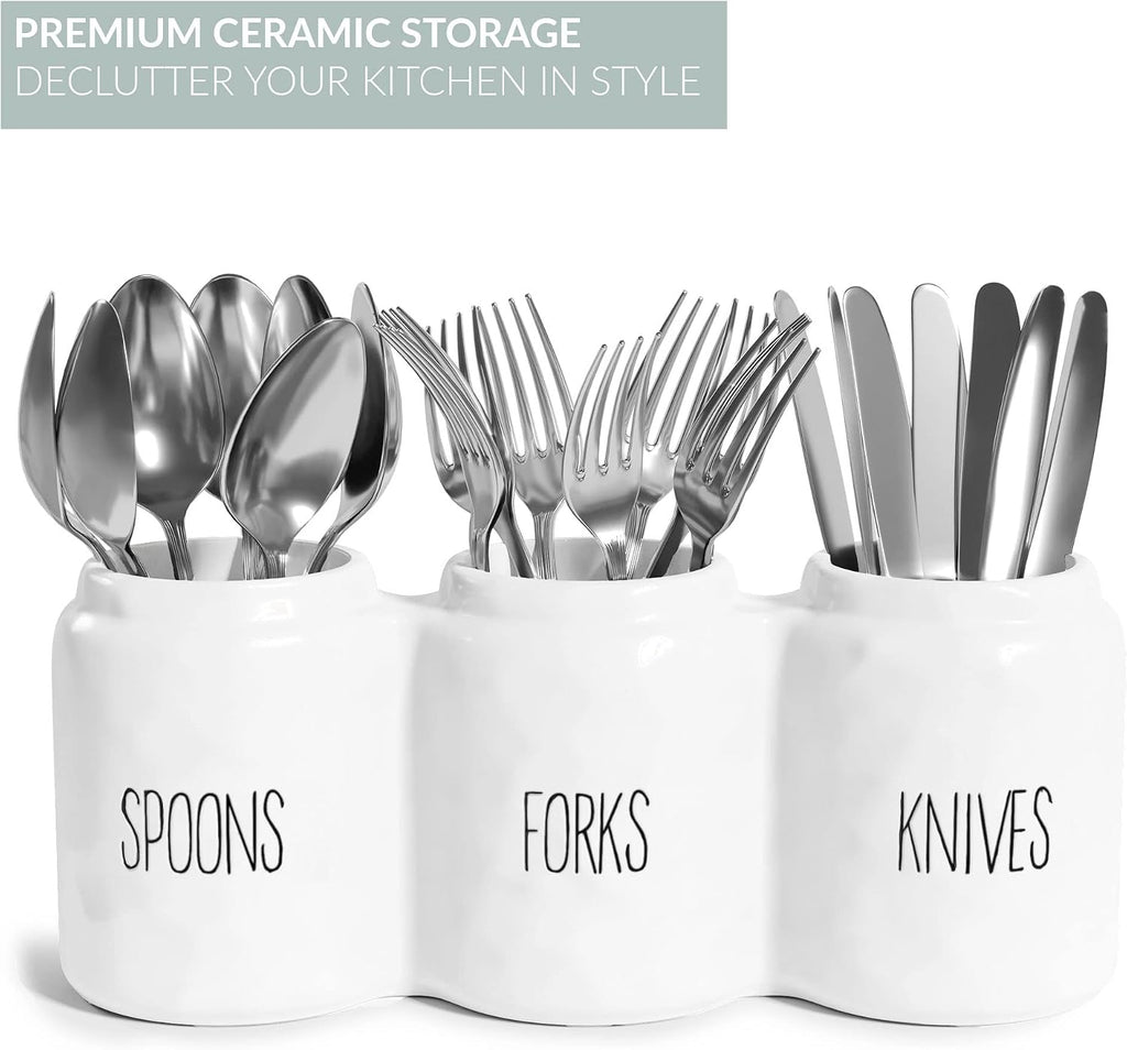 Barnyard Designs Ceramic Silverware Caddy Utensil Holder 12.5” x 5” (White)