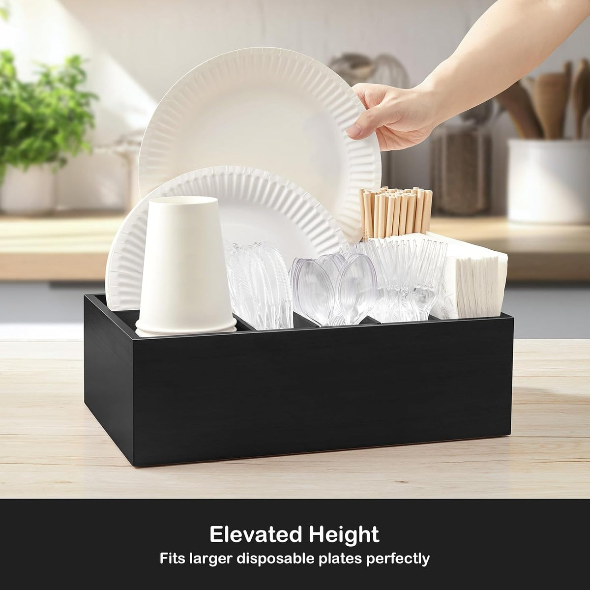 Large Utensil Holder for Party - Wooden Paper Plate and Utensil Caddy for Countertop - Silverware Caddy for Cup Fork Spoon Napkin - Cutlery Organizer for Kitchen Camping Buffet Picnic