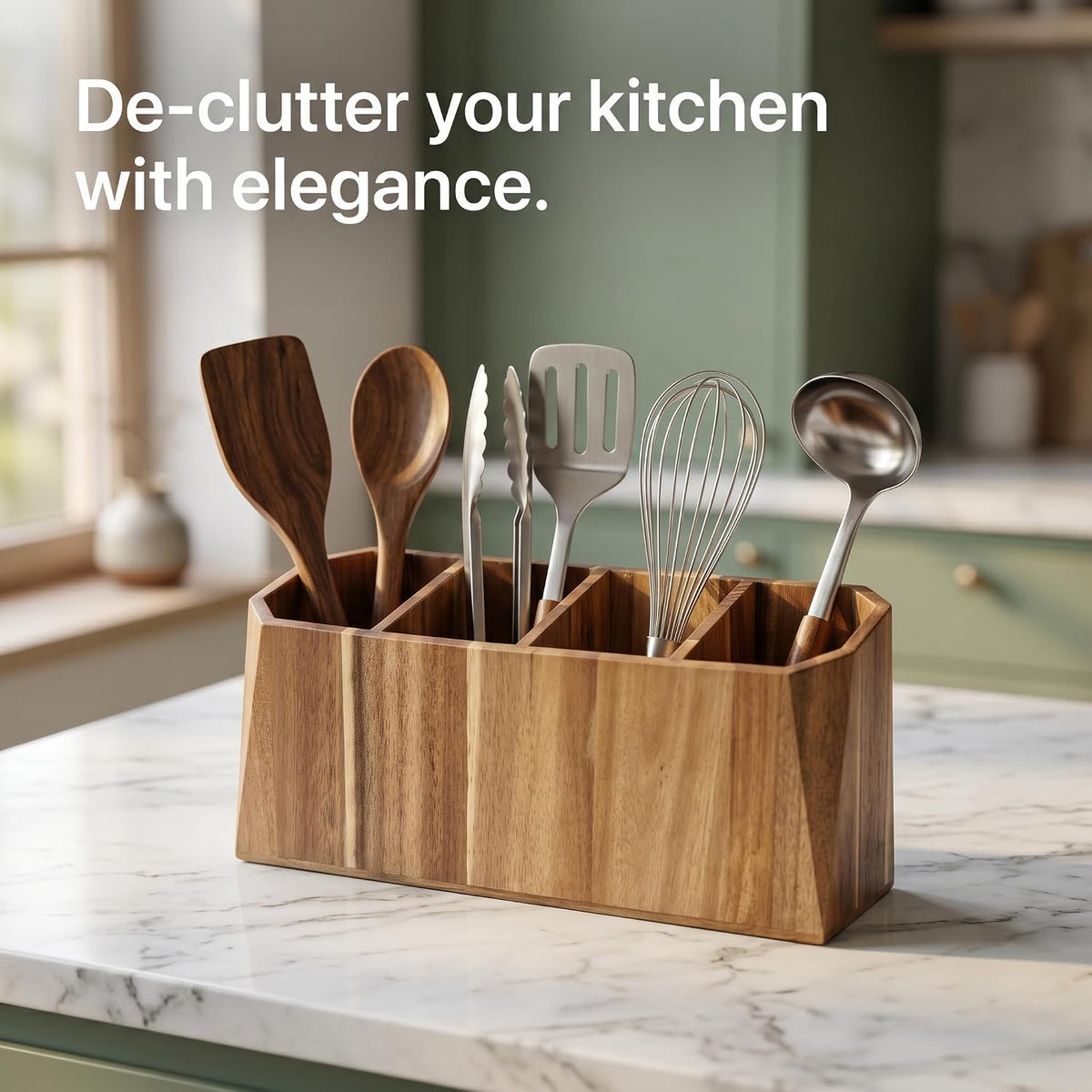 Extra Large Kitchen Utensil Holder for Countertop – Acacia Wood Utensil Holder with 4 Compartments, Beveled Edges, Non-Slip Pads & Drain Hole – Rustic Farmhouse Kitchen Countertop Storage Caddy