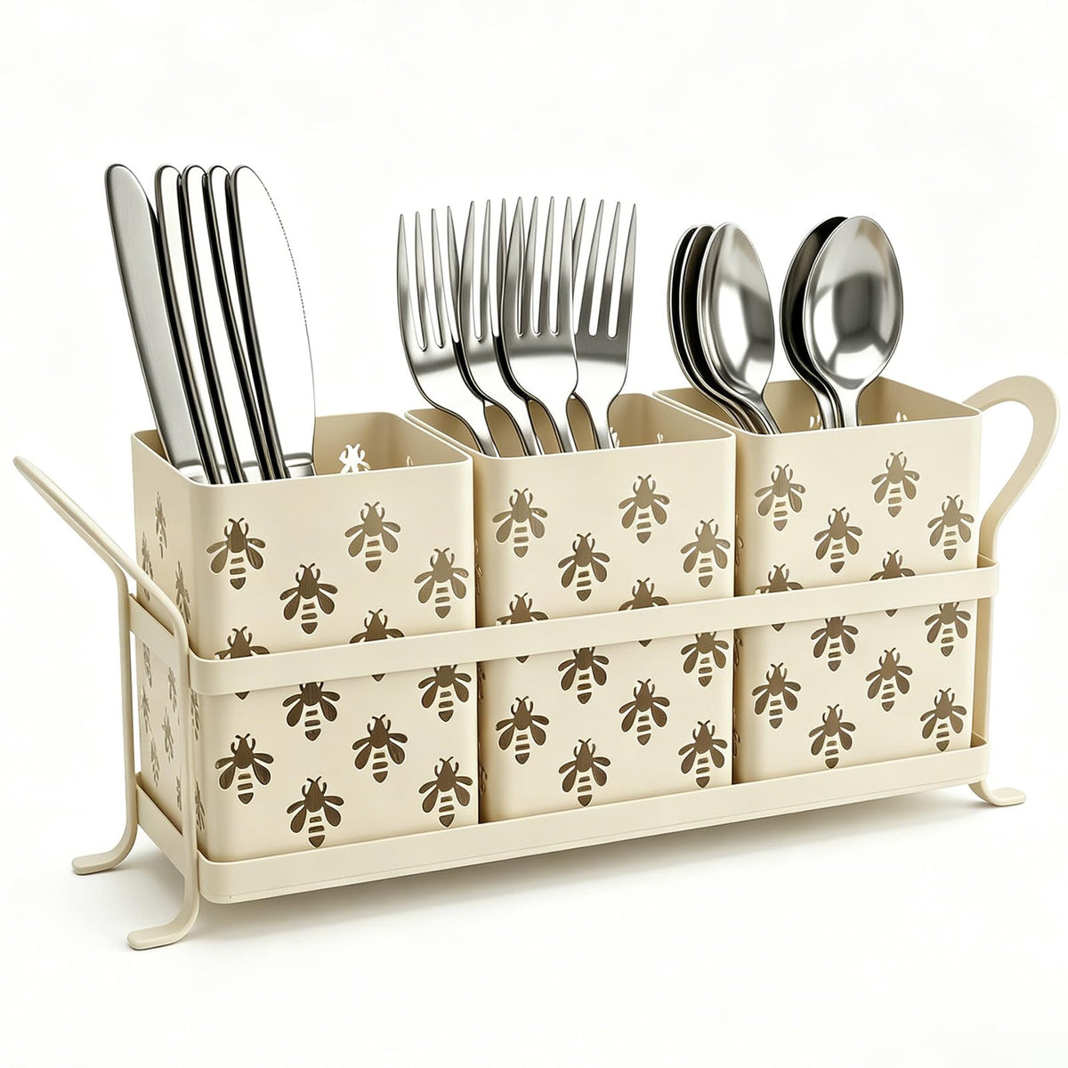 Silverware Caddy with Bee Design, 3 Compartment Metal Utensil Holder with Handles,Silverware Holder for Party Countertop, Kitchen, Outdoor, Cutlery Holder Organizer for Spoon Fork,Gold