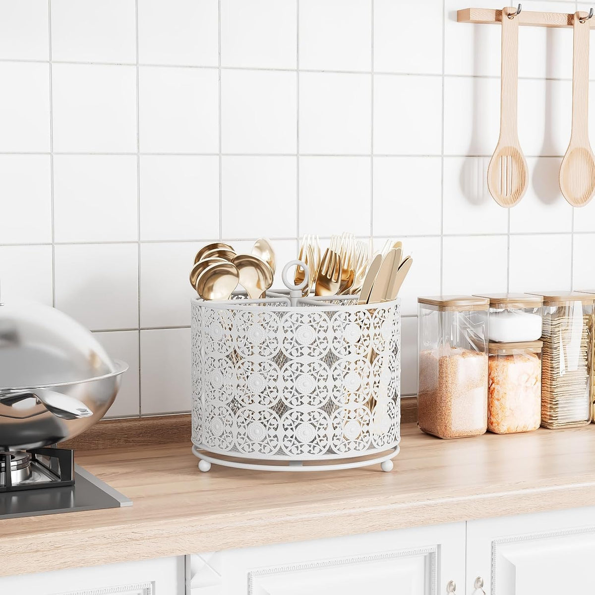 YIUKEA Rotating Utensil Caddy Holder - Raised 4 Compartments Large Capacity