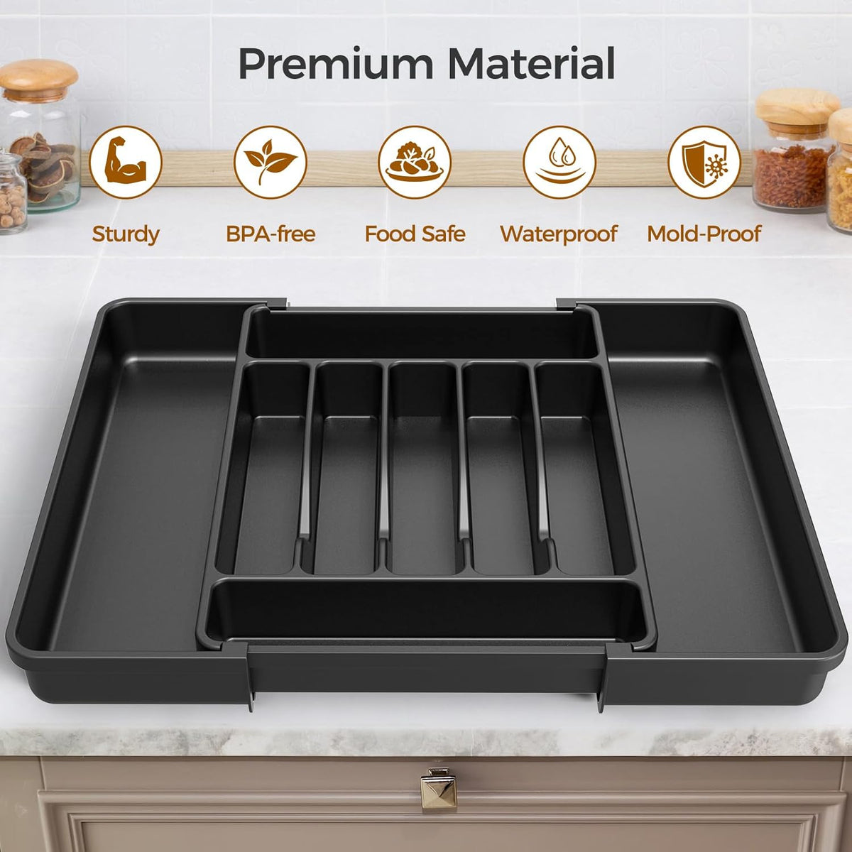 ukeetap Extra Large Expandable Silverware Organizer, Flatware Tray, Black