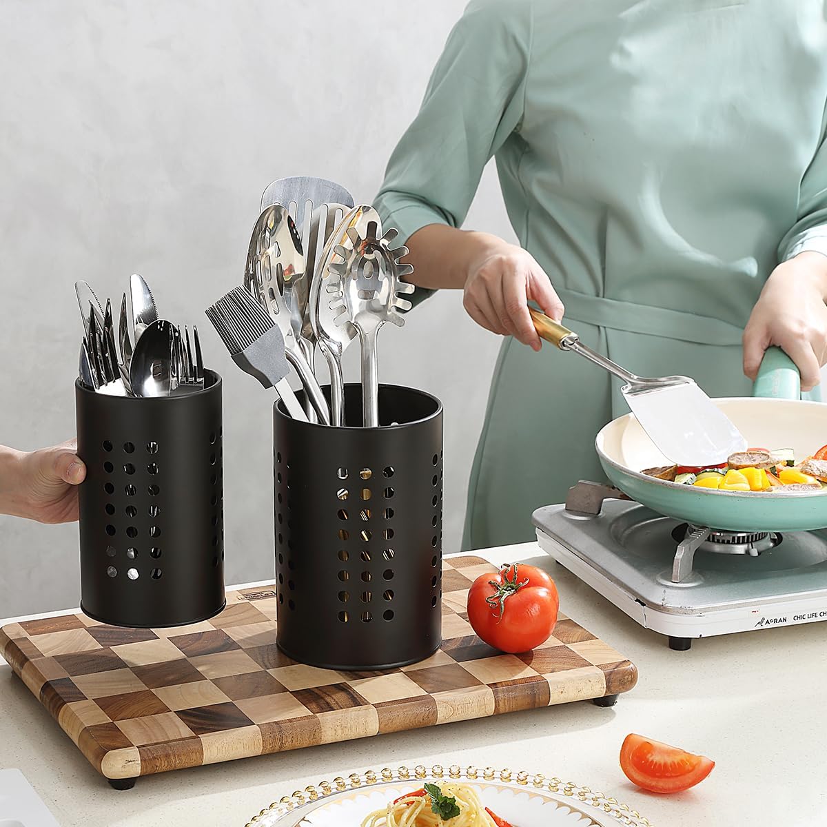 Berglander Kitchen Utensils Holder for Counter Top 2 Pieces, Black Stainless Steel Cutlery Holder, Kitchen Essentials Farmhouse Style Home Countertop Organizer