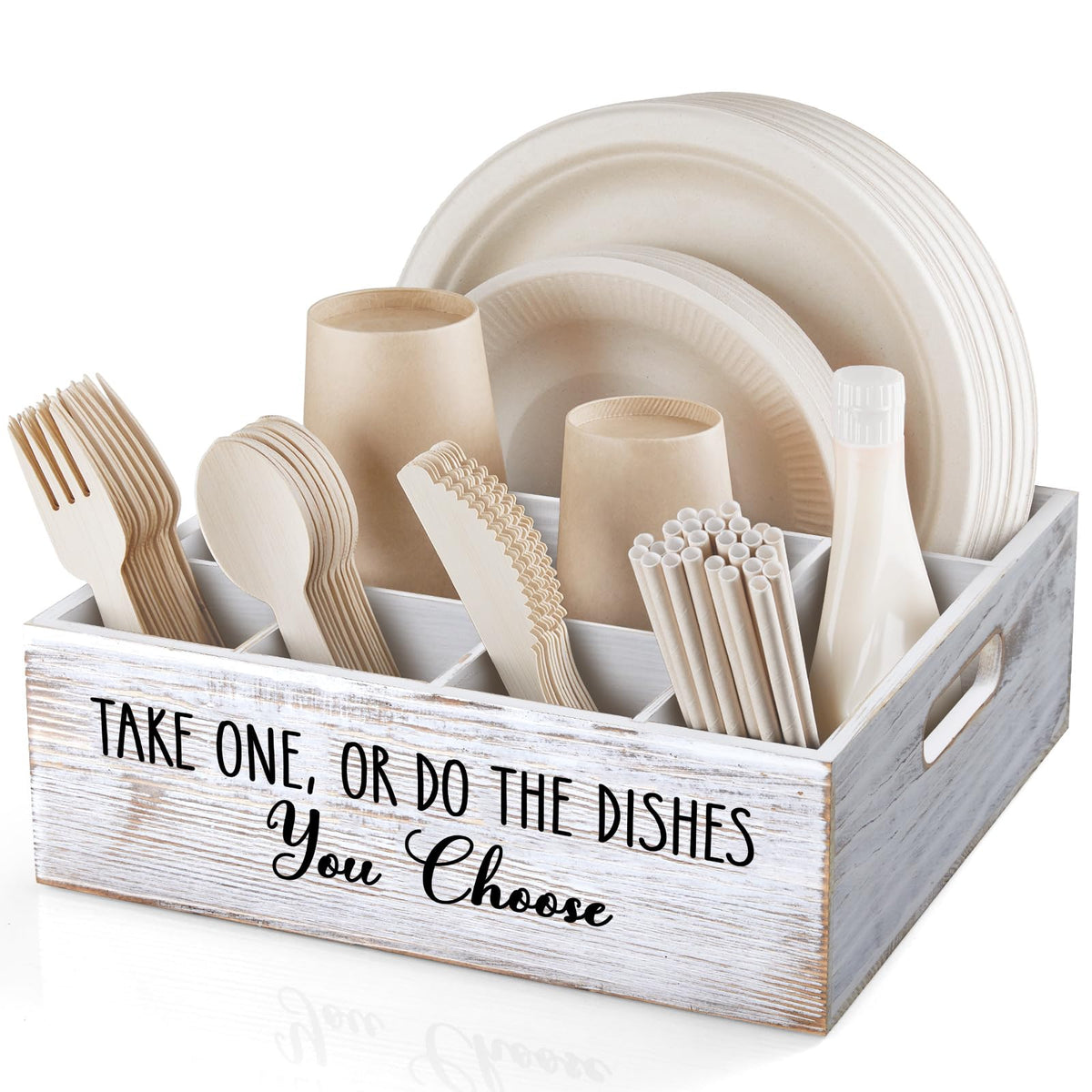 ALELION Acacia Wood Utensil Holder for Party - Paper Plate Organizer for Countertop - Silverware Caddy with 6 Compartments for Plate, Cup, Fork, Spoon - Cutlery Holder for Kitchen Camping Buffet