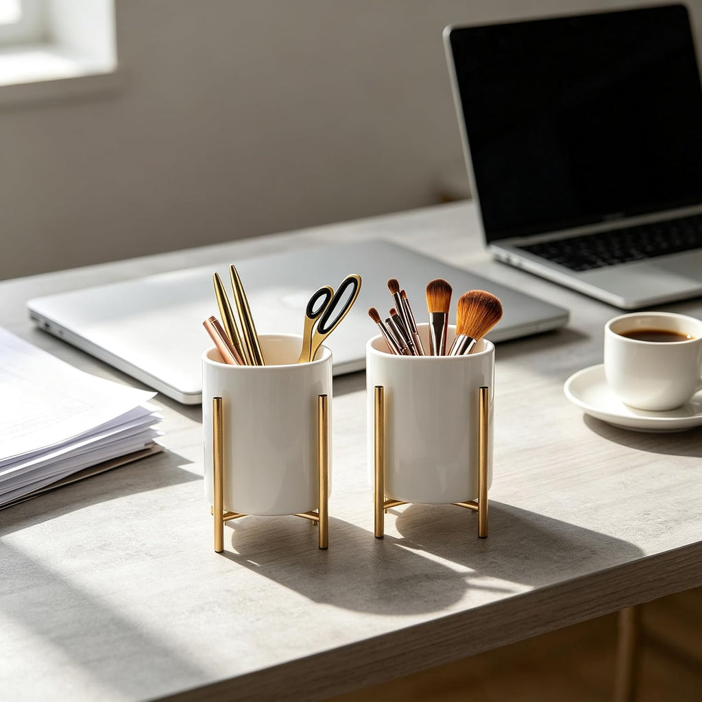 2pcs Sturdy Cutlery Holder White Ceramic With Metal Bracket Robust Silverware Caddy For Countertop - Spoon Holder Silverware Caddy