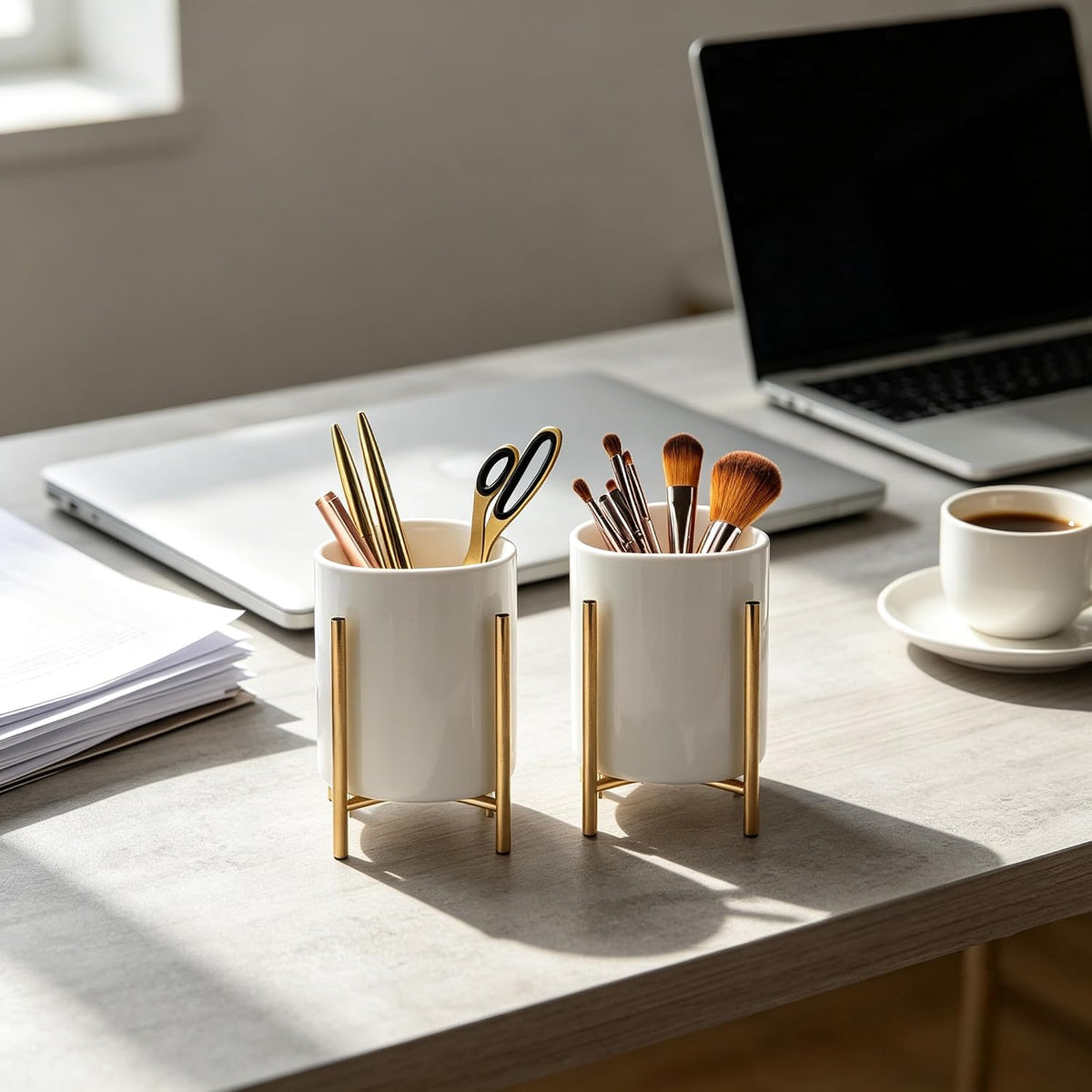 2pcs Sturdy Cutlery Holder White Ceramic With Metal Bracket Robust Silverware Caddy For Countertop - Spoon Holder Silverware Caddy