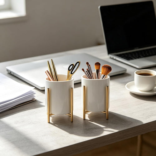 2pcs Sturdy Cutlery Holder White Ceramic With Metal Bracket Robust Silverware Caddy For Countertop - Spoon Holder Silverware Caddy