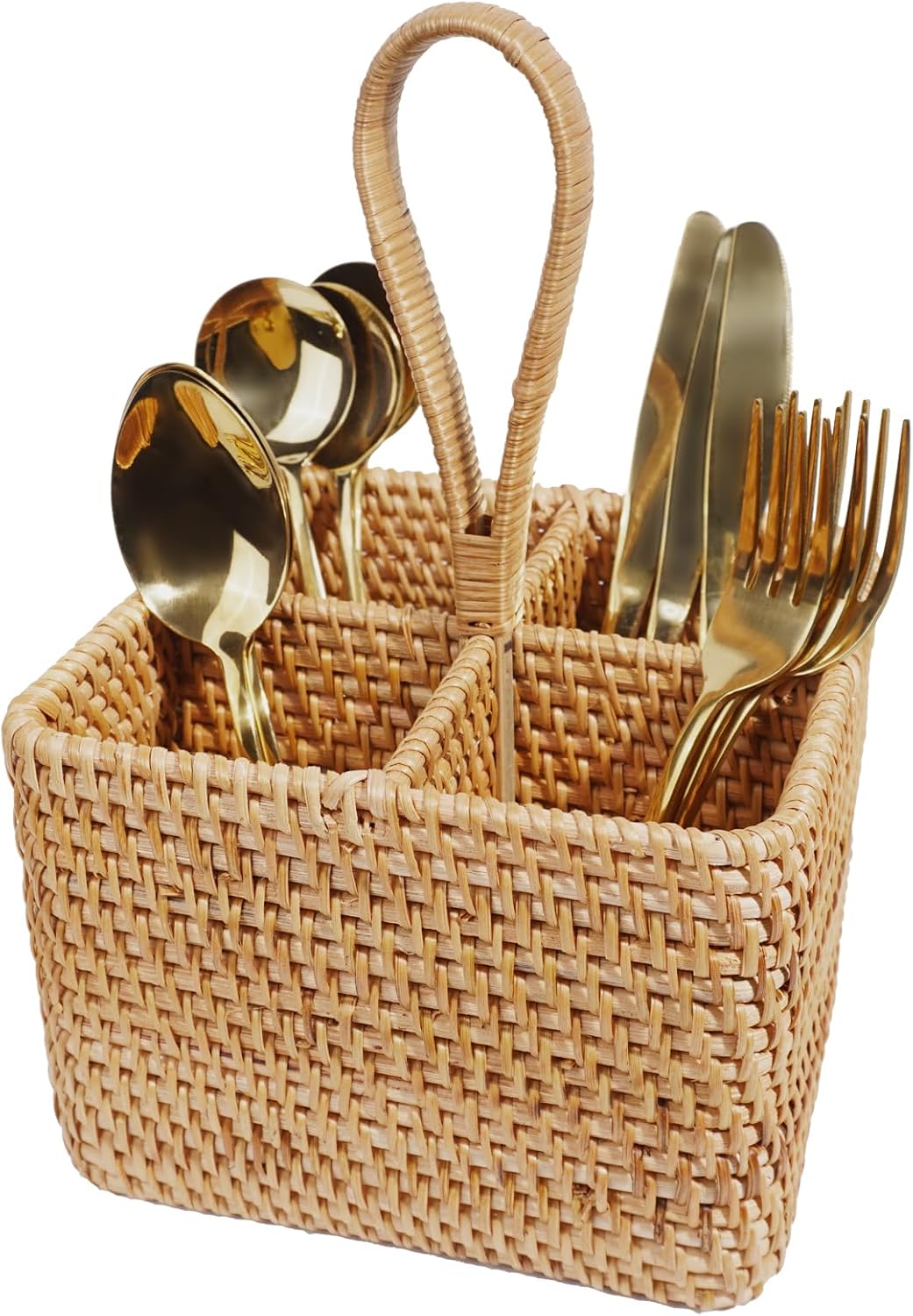 Natural Wicker Utensil Caddy with Built-in Handles，Wicker Silverware Caddy with 4 Compartments，Spoon Cutlery Holder Utensils Organizer，Condiment Organizer Silverware Holder(7.09 * 5.12 inch)