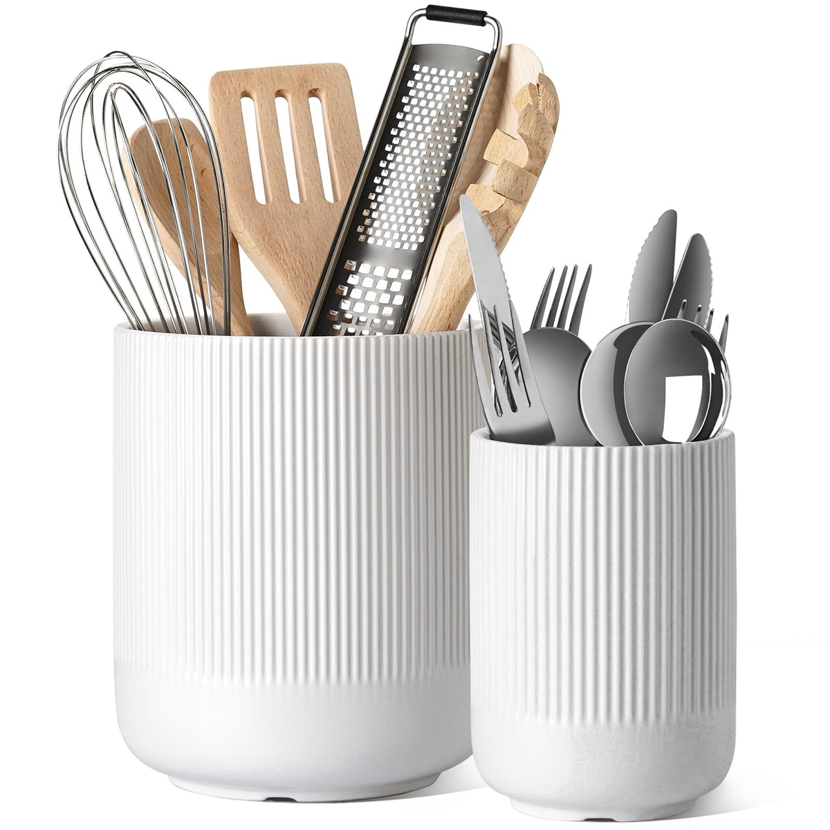 LE TAUCI Ceramic Kitchen Utensil Holder for Counter, 7.3/5.4", White