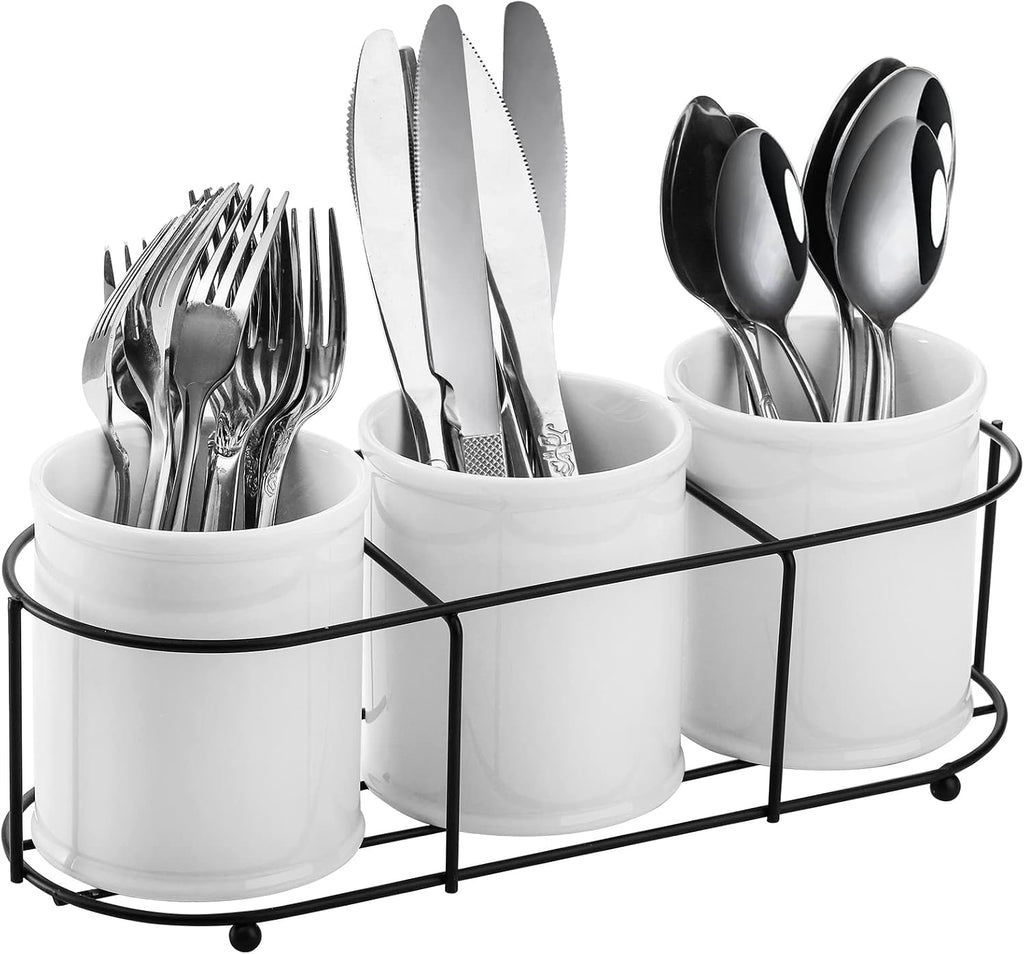 Bekith 3-Piece Ceramic Silverware Caddy with Metal Rack, Utensil Holder Flatware Caddy Cutlery Storage Organizer for Kitchen Table, Cabinet or Pantry