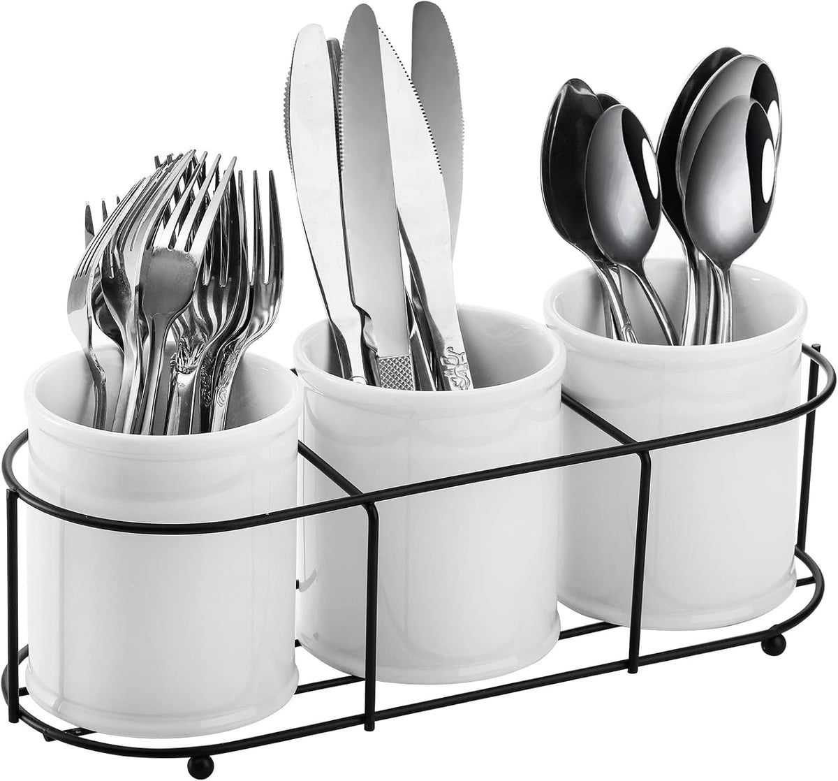 Bekith 3-Piece Ceramic Silverware Caddy with Metal Rack, Utensil Holder Flatware Caddy Cutlery Storage Organizer for Kitchen Table, Cabinet or Pantry