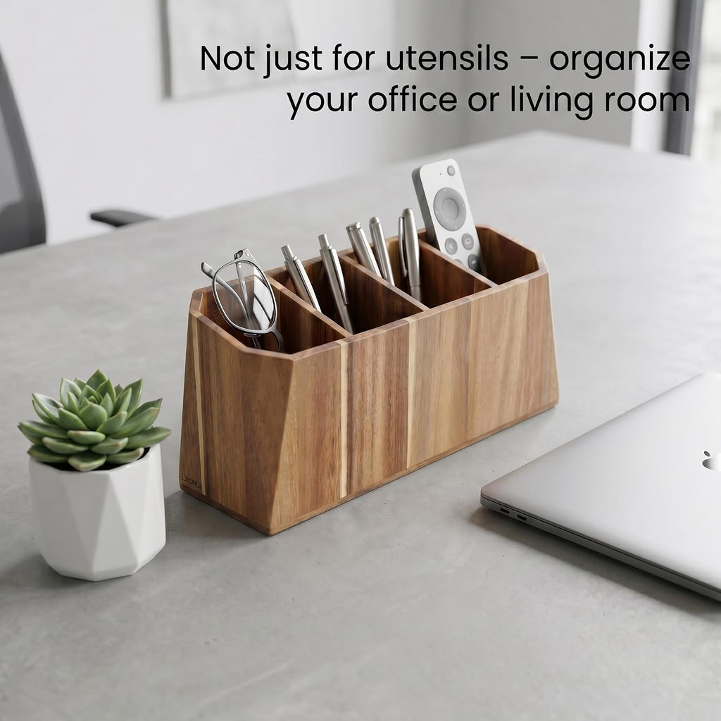 Extra Large Kitchen Utensil Holder for Countertop – Acacia Wood Utensil Holder with 4 Compartments, Beveled Edges, Non-Slip Pads & Drain Hole – Rustic Farmhouse Kitchen Countertop Storage Caddy